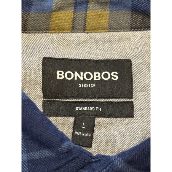 Large Bonobos Stretch Regular Fit Blue Plaid Flannel Shirt - Picture 3 of 9